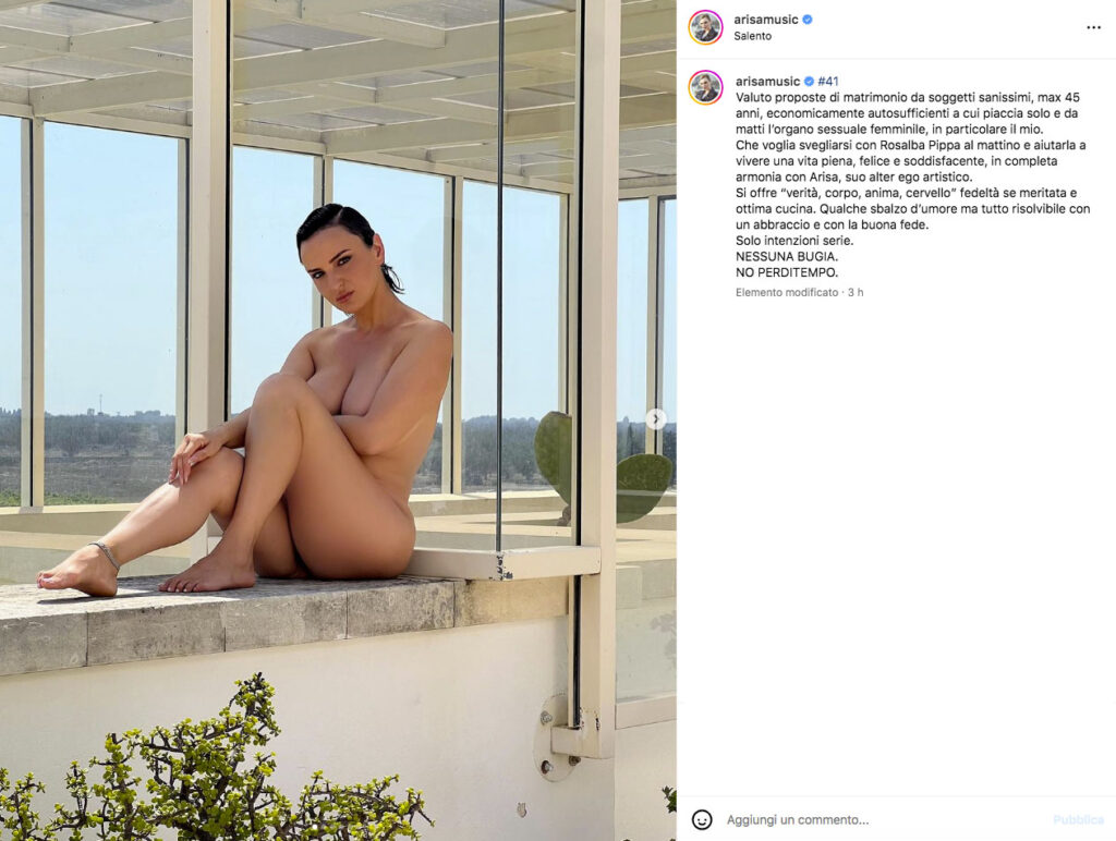 Arisa cerca marito e posa nuda su Instagram: «Valuto proposte serie, No  perditempo