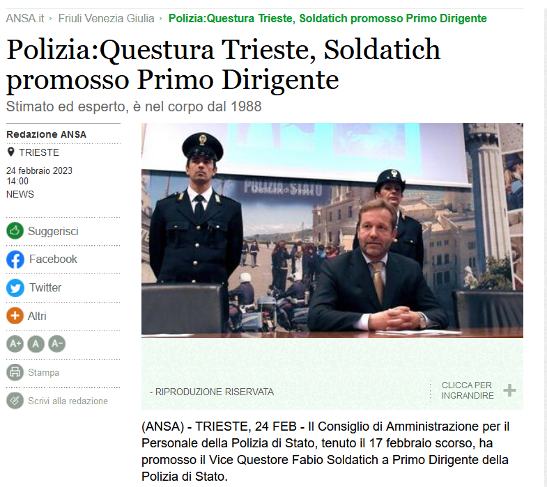 Il Vice Questore Fabio Soldatich promosso Primo Dirigente della PS