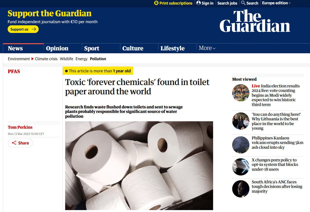 Fonte web: www.theguardian.com/environment/2023/mar/13/toxic-forever-chemicals-pfas-toilet-paper